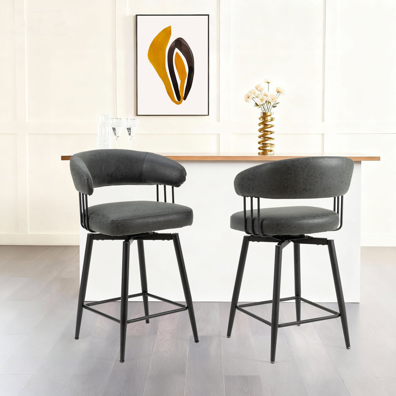 Modern Upholstered Slate Black Leatherette Swivel Counter Stool with Metal Tapered Legs, Counter Stool (26.5" Seat Height)