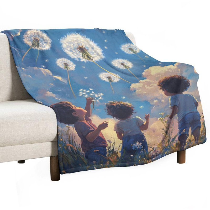 Jeté flottant au-dessus de pissenlits au-dessus des enfants dans le champ, 50 x 60 po
