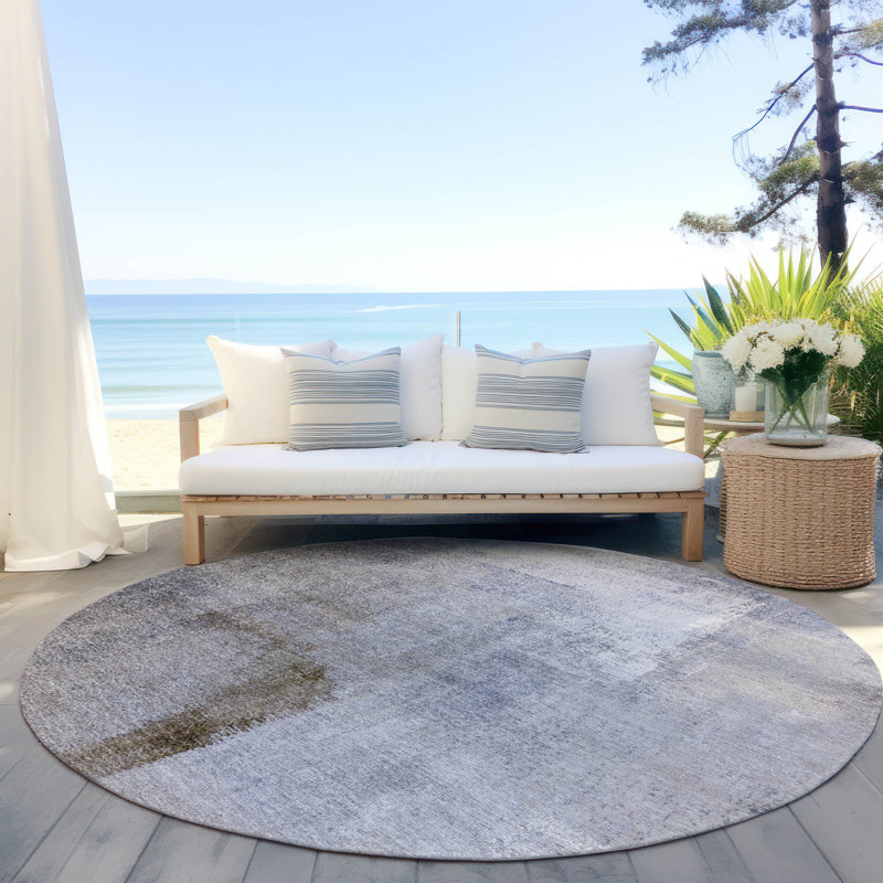 Malchow Ombre Machine Woven Polyester Indoor / Outdoor Area Rug in Blue, Round 8'