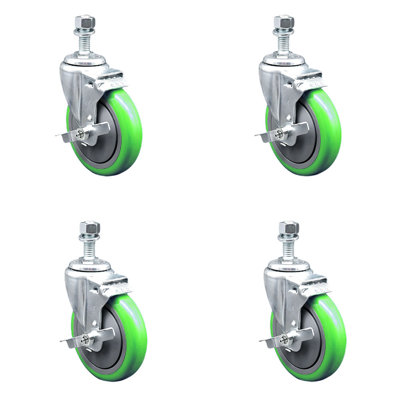 Polyurethane Wheel Swivel 12mm Threaded Stem Caster Set 2 Brakes