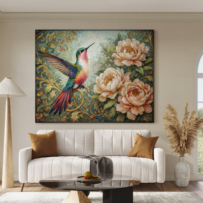 Très grand art mural imprimé sur tissu - Colibri sarcelle, jardin floral, décoration de salon bohémien - «Assemblage requis (cadre non fini)»