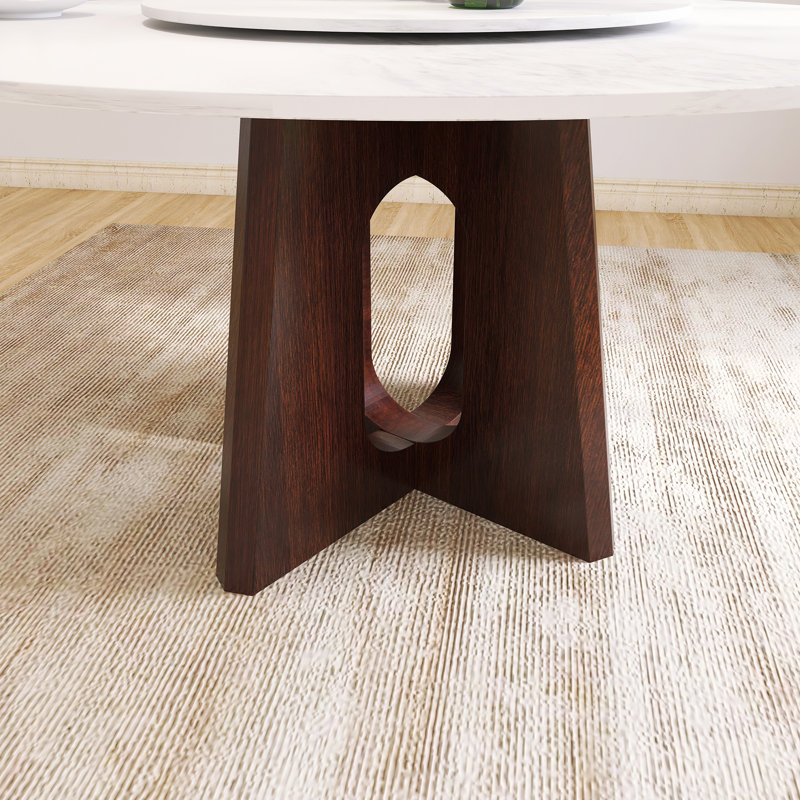 Table de salle à manger 59 "en pierre frittée ronde avec base en bois de noyer massif