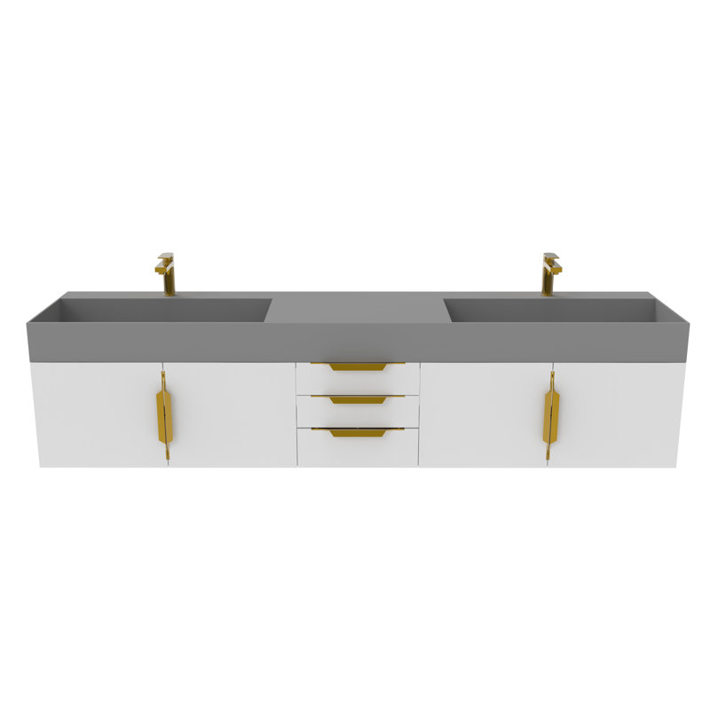 Meuble-lavabo double 84 po avec plateau Amazon, Blanc, Gris, Or
