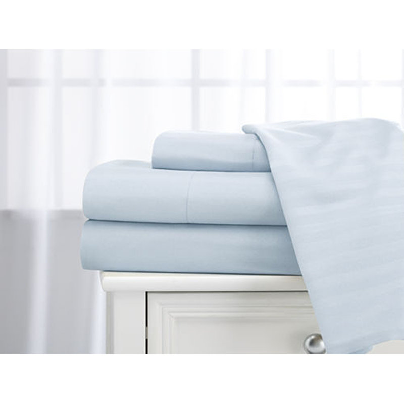 100% Cotton Sateen Striped Sheet Set, King Sheet Set + 2 Pillowcases, Light Blue