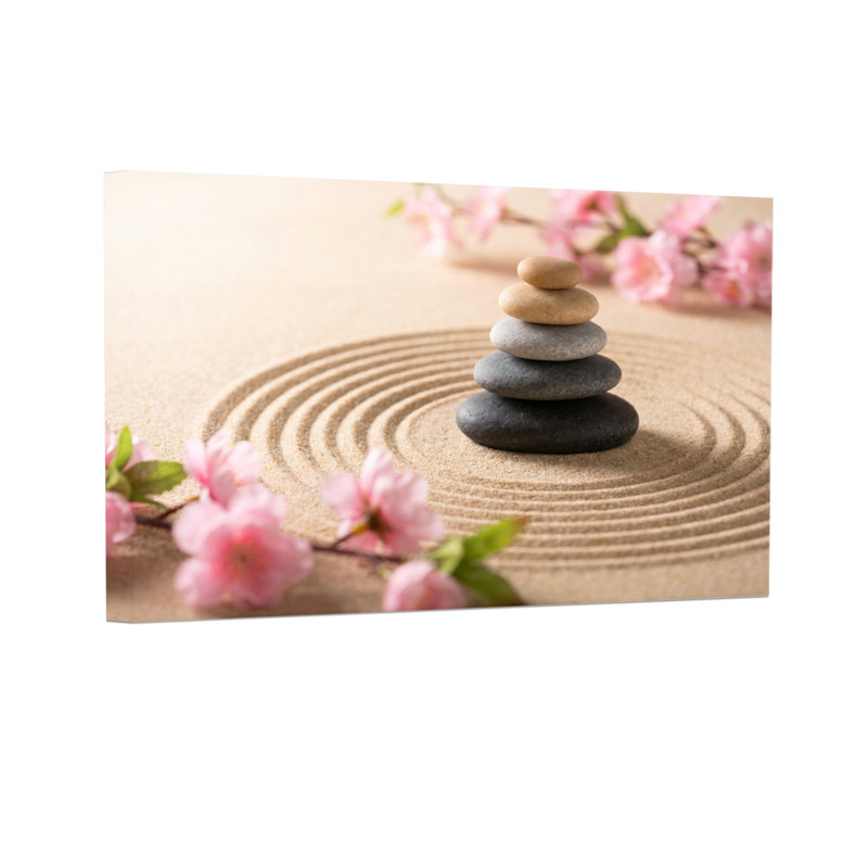 Fashion Zen, pierres de jardin, ondulations de sable, cerisiers en fleurs, H 12 po x l 18 po