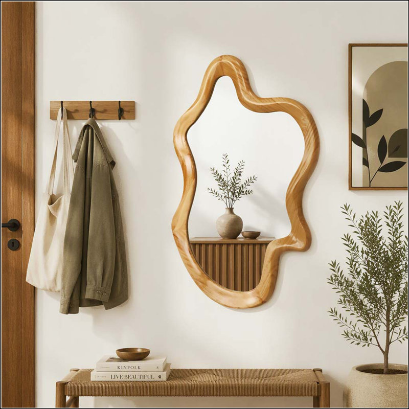 Irregular Shaped Wall Mirror with Natural Wood Frame
