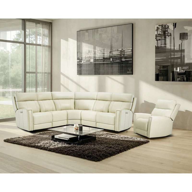 Fauteuil modulaire inclinable électrique en L Avani, Cuir véritable vert, Bouton poussoir d'alimentation