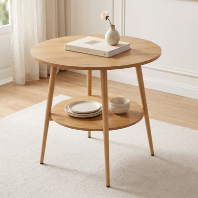 Round Mid‑Century Modern Dining Table, 2‑Tier Open Storage Shelf Kitchen Table, 31.49" Compact Round Dinner Table for Small Space Apartment Breakfast Nook, MDF Wood Dining Table with 200 Lbs Weight Capacity