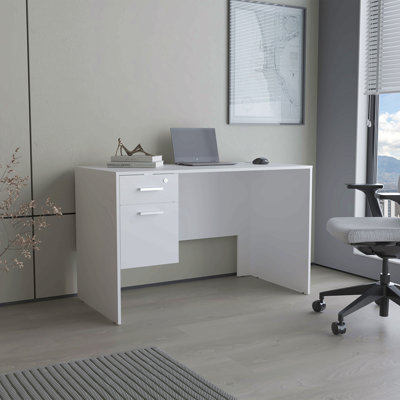 Modern Office Desk With Two Drawers And Side Storage, Compact Computer Workstation For Home Office Or Study Room