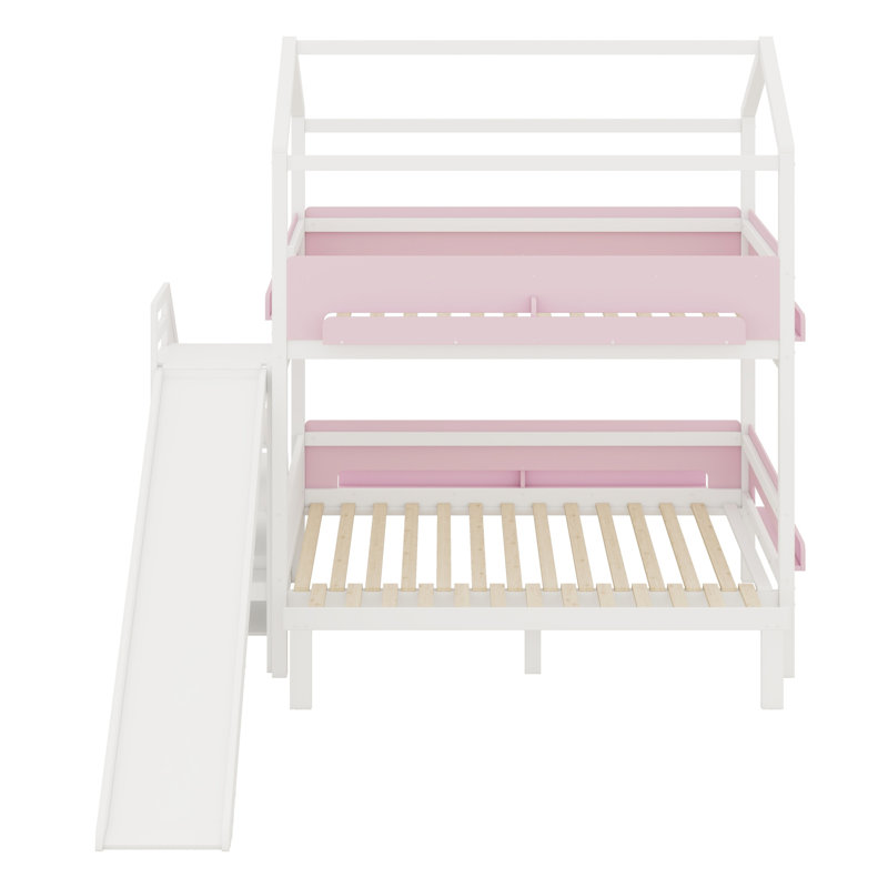 House-Shaped  Bunk Bed with Slide and Storage Staircase, White+Pink