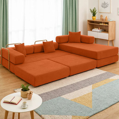 Canapé modulaire de 108 po avec méridienne en L, canapé-lit désossé sans assemblage, canapé-lit escamotable en velours côtelé, assise profonde et dossier amovible pour le salon