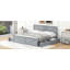 Lit plateforme très grand en bois avec quatre tiroirs de rangement et pieds de support, gris