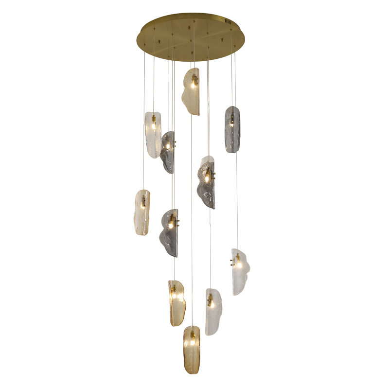 Transitional 12 Light Hanging Glass Chandelier, Brass