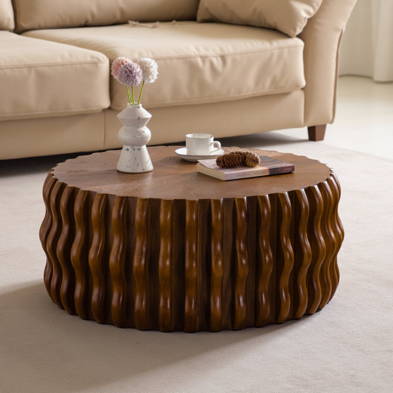Table basse ronde ronde à tambour, centre Mid-Century circulaire avec piédestal robuste pour le salon et la chambre à coucher