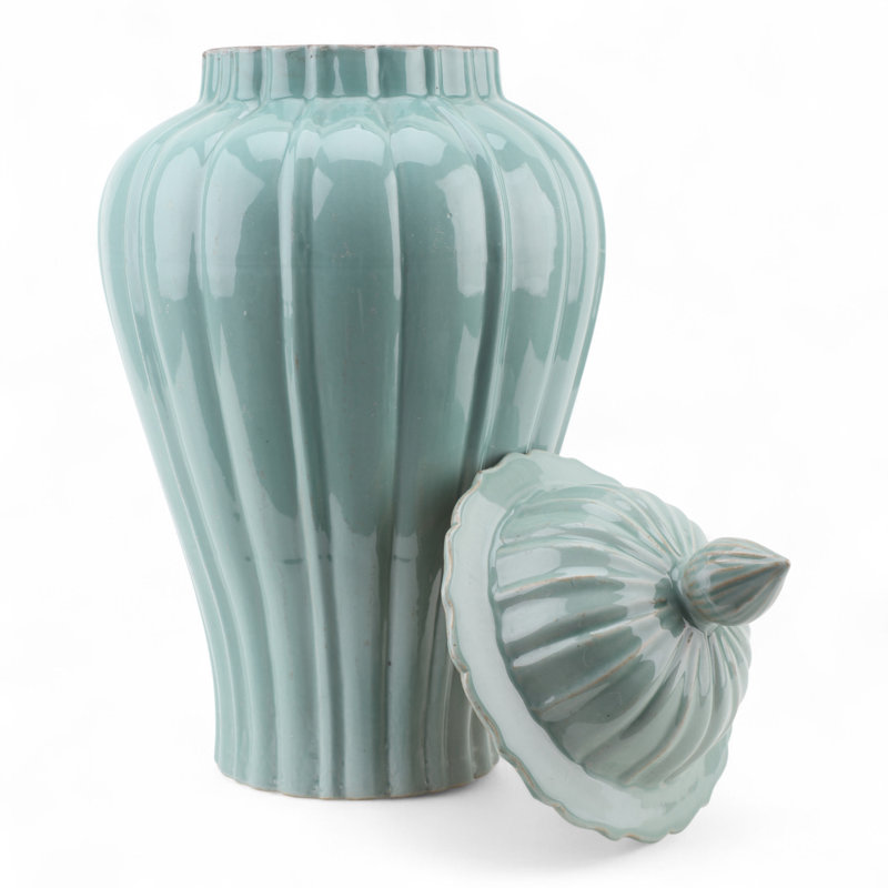 Pale Blue Fluted Jar with Lid, Green