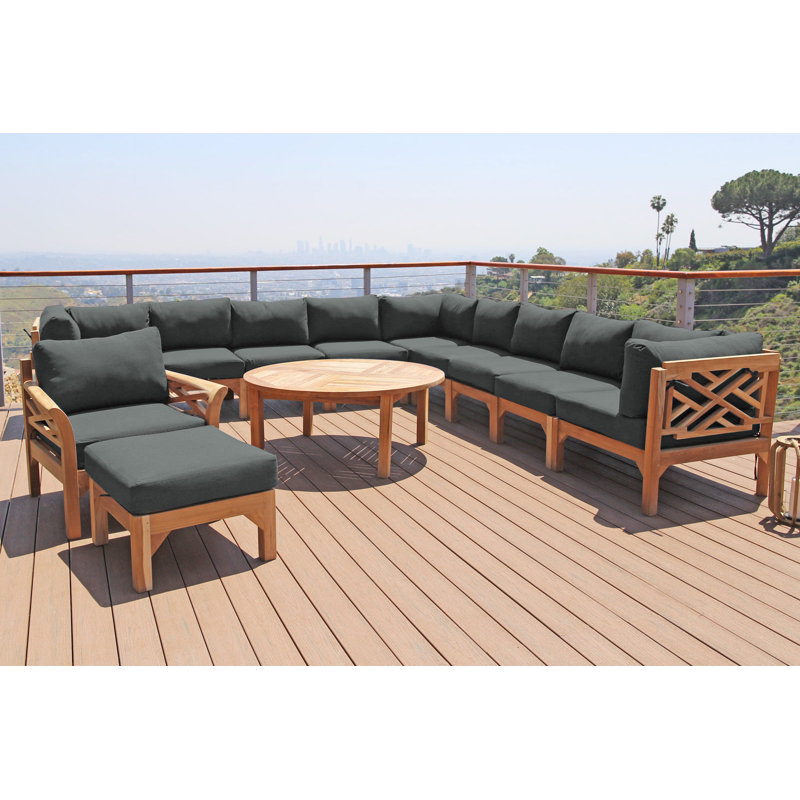 Ensemble de conversation d'extérieur 8 personnes avec coussins Monterey Teak, 5 Pcs:  Sectional,Chair,Cushion,Table,Ottoman