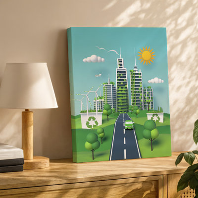 Toile, illustration vibrante d'un paysage urbain écologique mettant en vedette une rangée de gratte-ciels modernes ornés de verdure sur toile