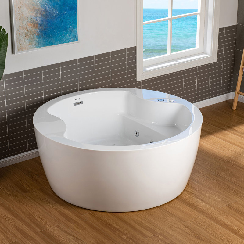 59" Whirlpool Water Jetted & Air Bubble Round Double Heated Bathtub With Integrated Seat, LED Panel