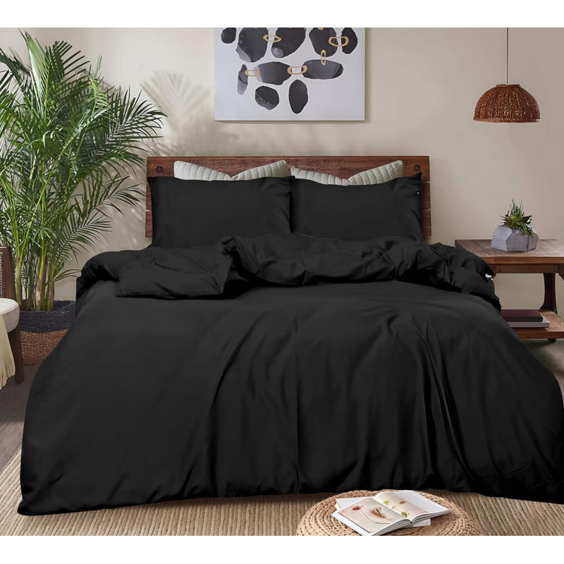 Microfiber Solid Colour Duvet Cover Set, Black, Double Bed Duvet Cover + 2 Pillowcases