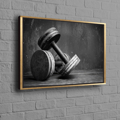 Black and White Bohemian-Influenced Gym Artwork Featuring Dumbbells in Motivational Design on Cotton Canvas for Contemporary Wall Decor