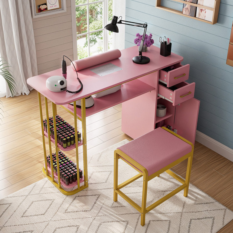 Pink Manicure Table with Storage Drawers and Dust Collector
