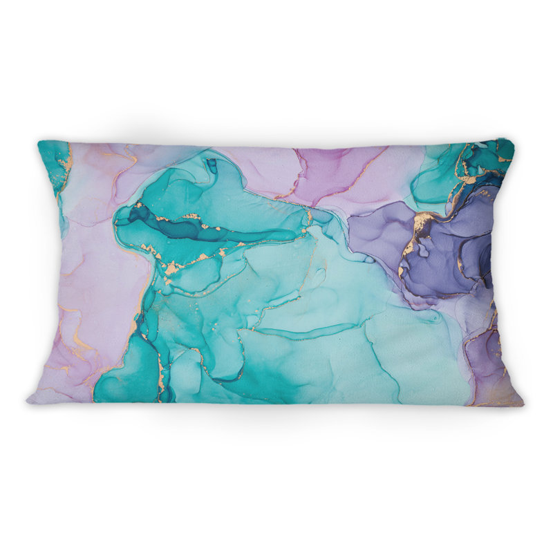 Turquoise et mauve, luxe, abstrait, art fluide III - coussin décoratif moderne imprimé 12 po x 20 po