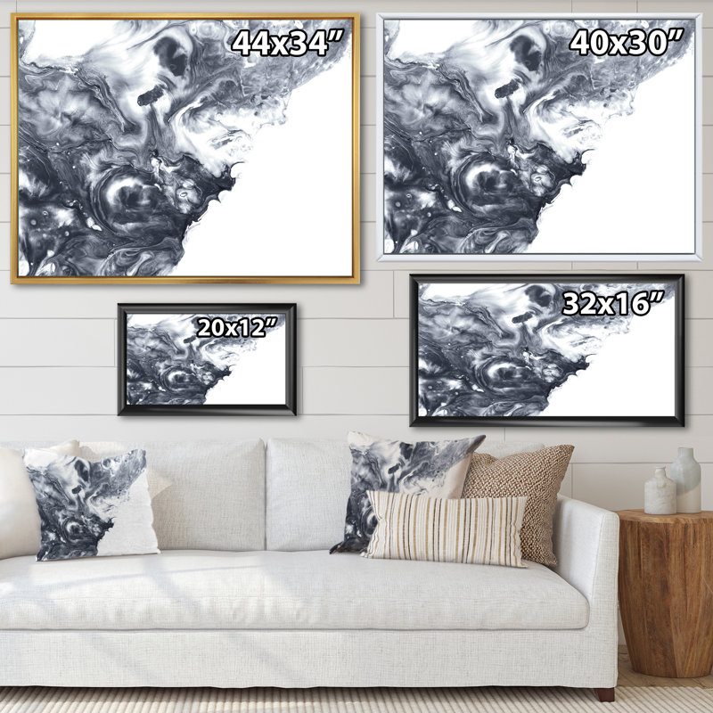 Noir et blanc, argent liquide abstrait I - peinture sur toile, H 12 po x l 20 po x P 1 po, Cadre flottant en érable