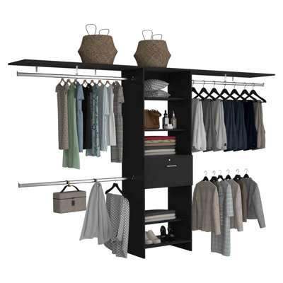 Closet System 70"W - 118"W, Three Hanging Rods, Five Shelves, One Drawer