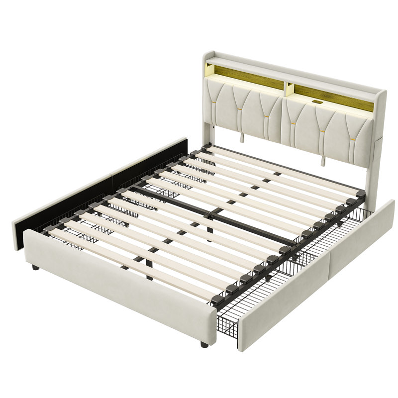 Platform Bed with LED Lights & Headboard Storage, Underbed Storage Drawers, USB-A/C Charging, EuropeanKingsize (160 x 200 cm)