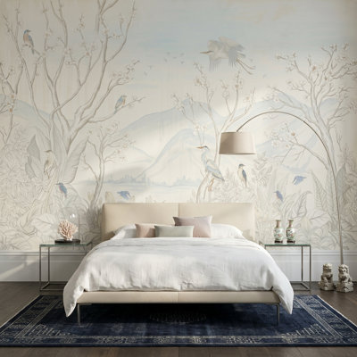 Papier peint paysage mural Branches de fleurs, décoration murale oiseaux amovibles