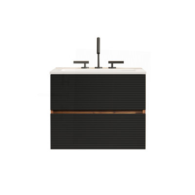 Meuble-lavabo mural noir et noyer Gloria 24 po avec lavabo intégré en céramique avec trop-plein, avec 3 trous