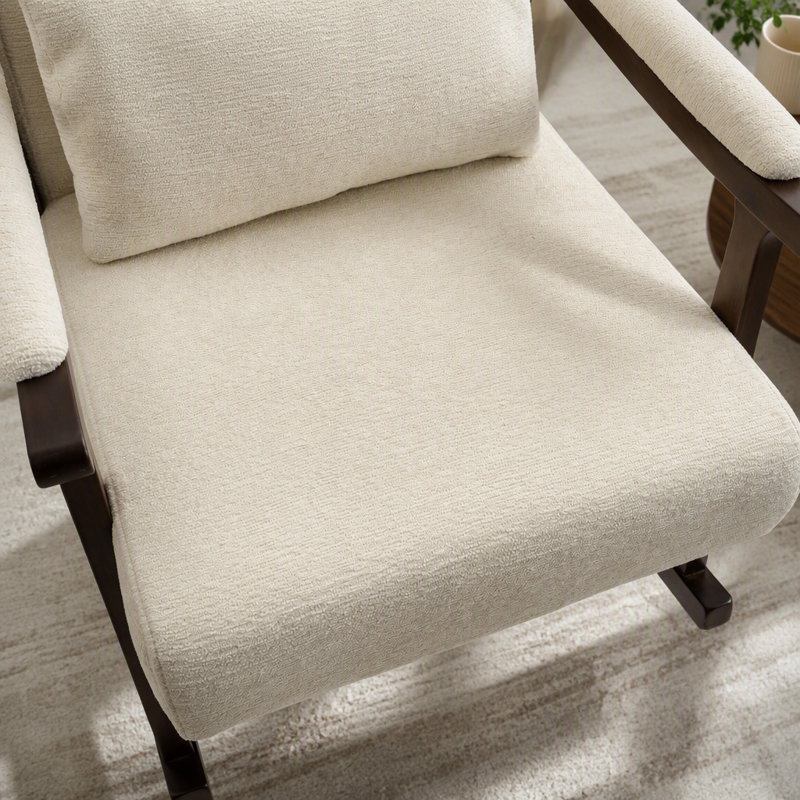 Fauteuil à bascule moderne avec structure en bois massif, fauteuil de salon rembourré, fauteuil de lecture, Blanc antique