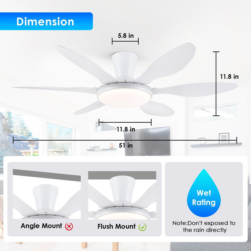 51" Flush Mount Ceiling Fan And Remote Control, White-RGB