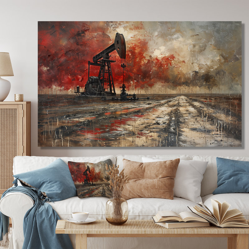 «Red Winter Oil Fields Industrial Icon II - Oil Rigs / Fields», reproduction d'art murale, Métal métal