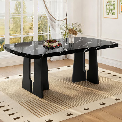 Table de salle à manger 63 "en faux marbre - plateau en marbre avec pieds géométriques robustes, table de cuisine et de salle à manger élégante pour la maison, appartement, bureau, facile à assembler
