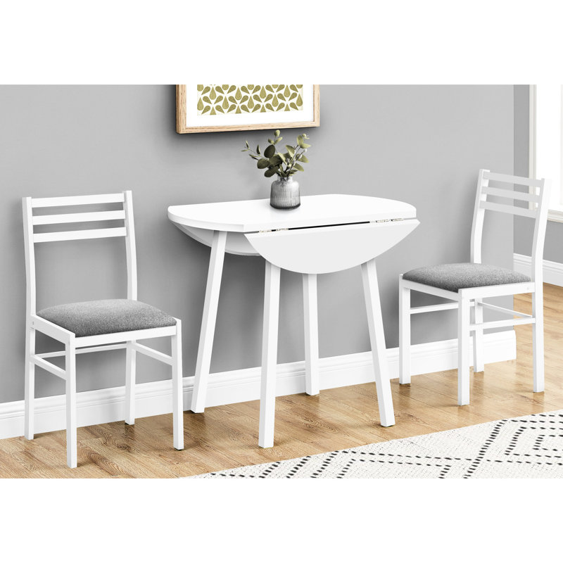 Ensemble de table de salle à manger, ensemble de 3 pièces, petit, abattant de 35 po, cuisine, métal blanc et stratifié, tissu gris, contemporain, moderne