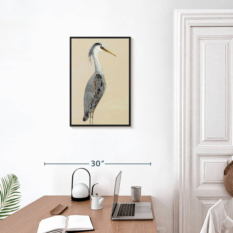 Héron sur brun clair I, Cadre flottant noir, 17 po x 25 po