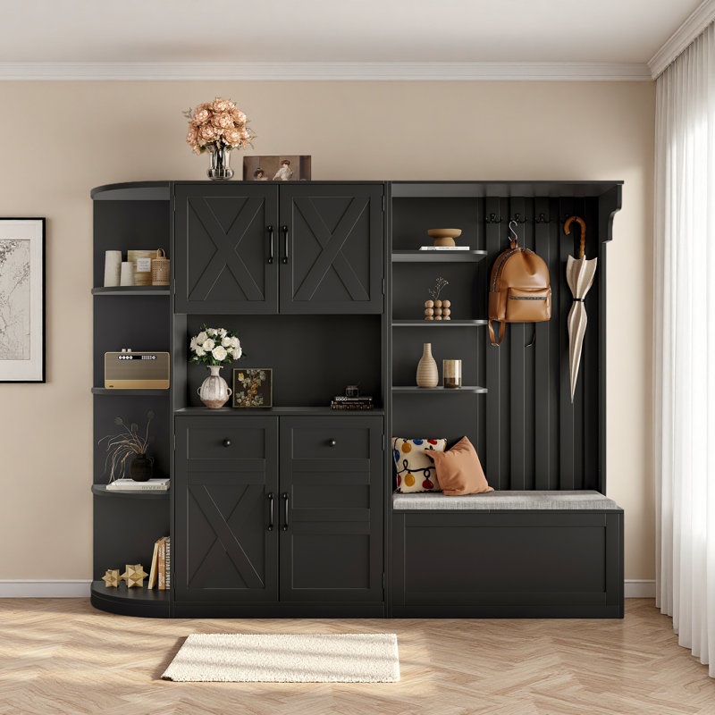 Armoire de vestibule multifonctionnelle gauche-droite (peut être utilisée séparément) avec rangement et 4 crochets, armoire de rangement / arbre d'entrée 2 en 1 pour le salon, la cuisine et le couloir, noir