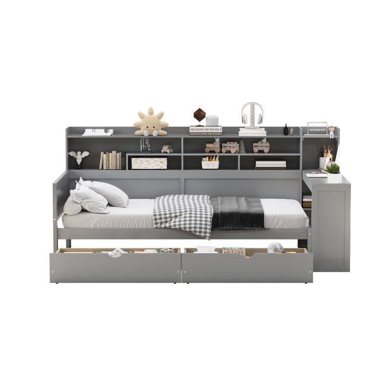 Twin Gray Wooden Daybed With Storage Shelving, Two Compartments And A Study Desk For Bedroom Space Maximization Wood Multi - Layer Layout, Drawers Function Enhancement