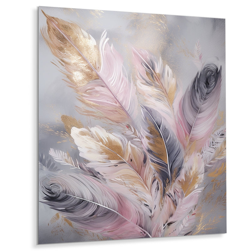 Plume rose Wanderlust sur impression métallique, H 32 po x l 24 po