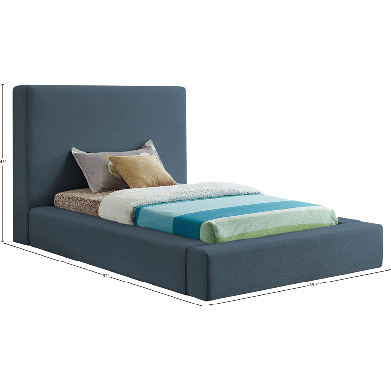 Lit plateforme tapissier Ishia, Simple, Lin marine
