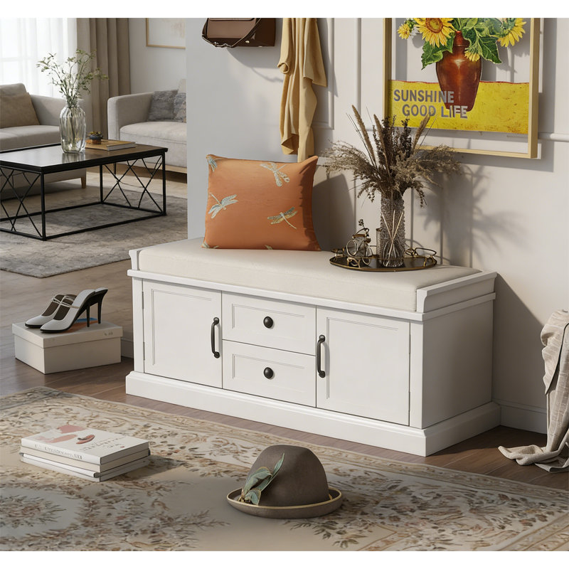 Banc de rangement avec 2 tiroirs et 2 armoires, Blanc