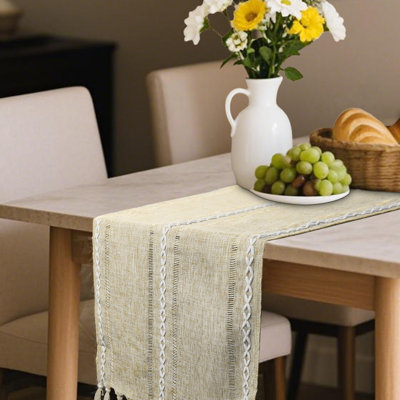 Chemin de table rayé en coton mélangé avec broderies ajourées