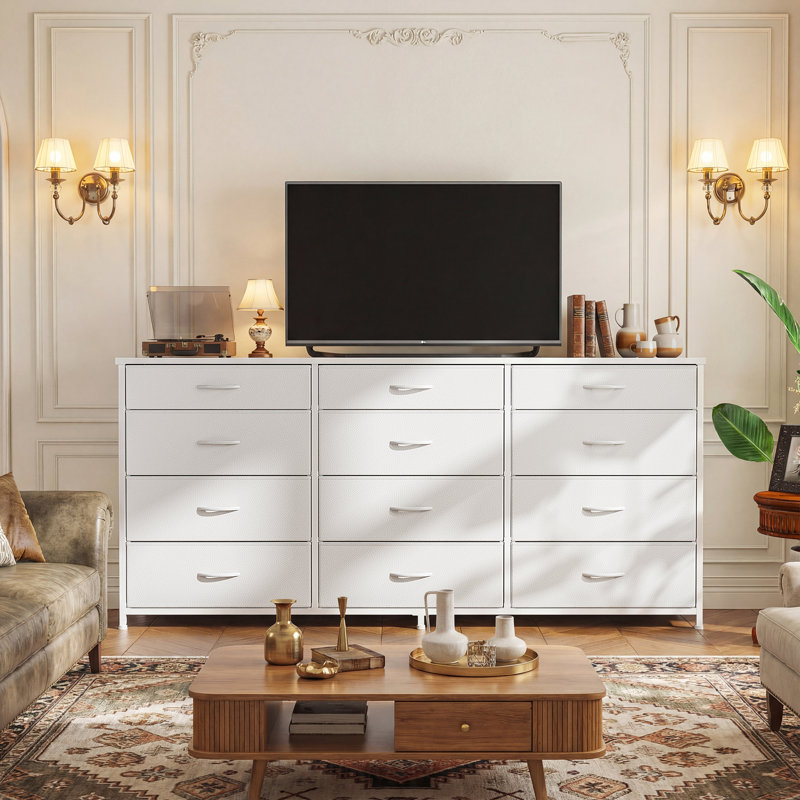 Commode de rangement de 55 po de largeur avec 12 tiroirs en tissu, support de télévision robuste en métal pour la chambre à coucher et le salon