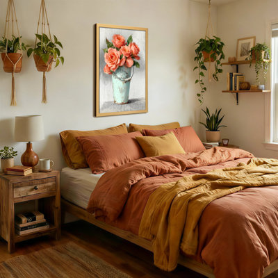 Plantes et fleurs roses dans un seau rétro sur toile