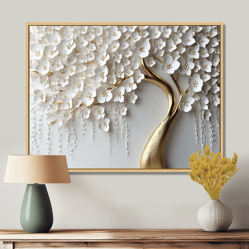 Arios, orchidée blanche, jardin de branches IV, reproduction sur toile, H 34 po x l 44 po, Reproduction avec cadre flottant