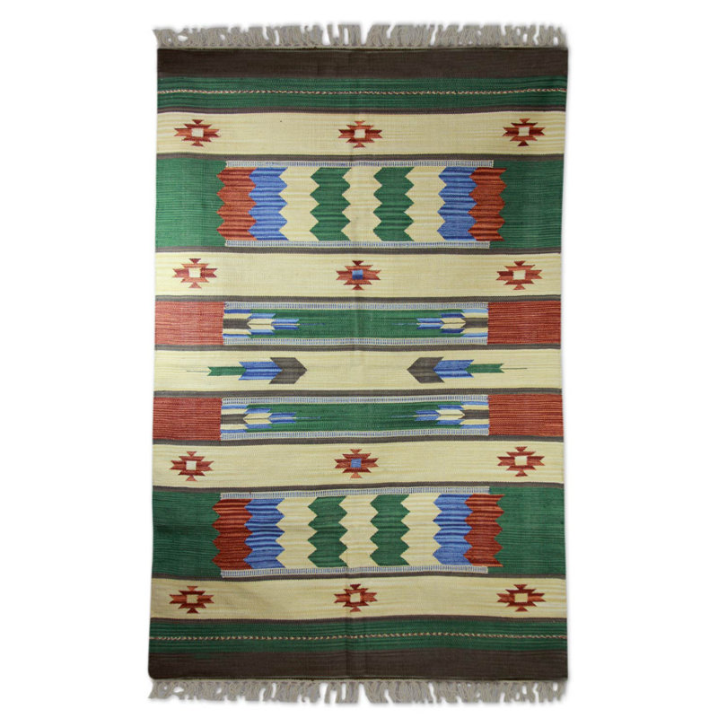 Tapis de zone vert/beige tissé à la main Carriere