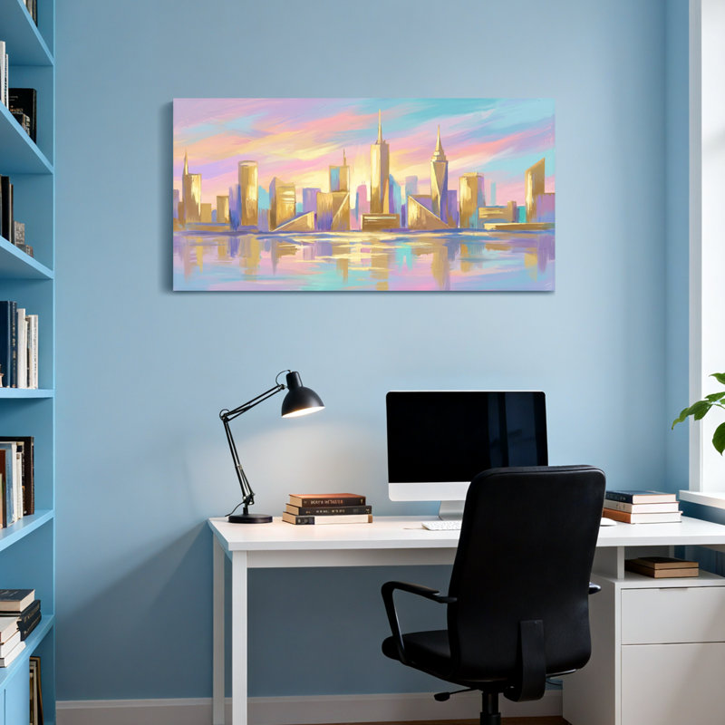 Abstract City Skyline Sunset Reflection Water Colour Art, 16" H x 32" W