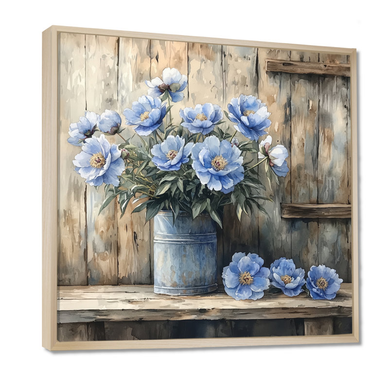 Acier bleu pivoines par la remise I - pivoines, art mural, Impression encadrée flottante, H 36 po x l 36 po, Crème, crème
