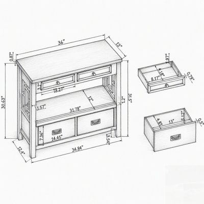 Console vintage en pin massif, style ferme, avec 4 tiroirs et 1 tablette pour un rangement polyvalent et un décor élégant